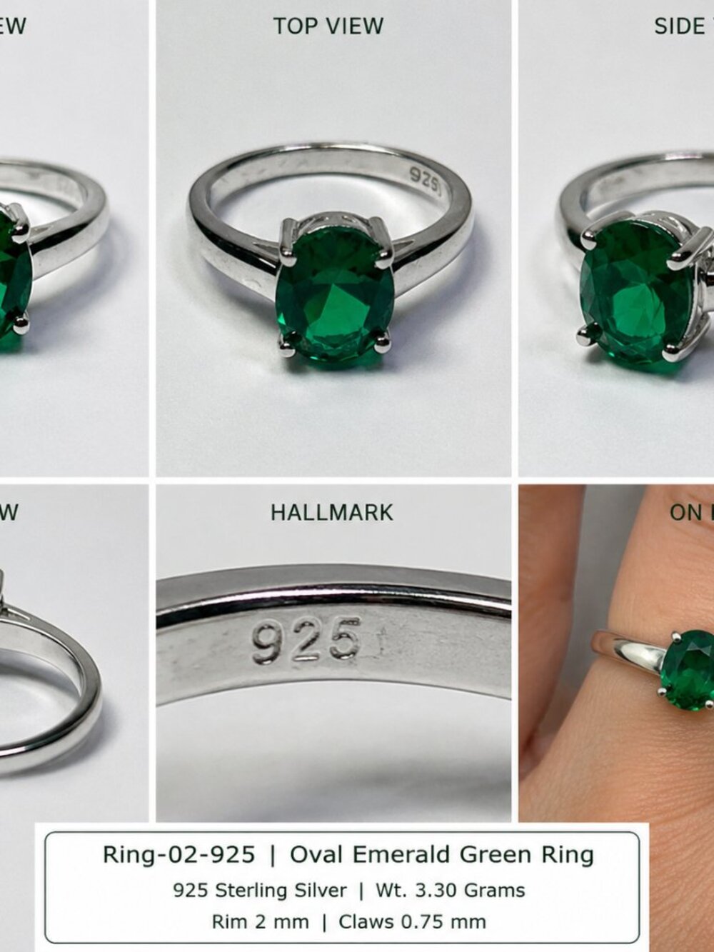 Ring-02 -925-Beautiful 925 Sterling Silver Emerald Green Oval Ring – Elegant Vin
